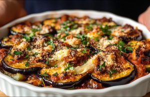 Gratinované lilky s cibulovo-klobásovou směsí a sýrem Gratinované vrstvené lilky s cibulovo-klobásovou směsí a sýrem