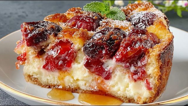 Sladký koláč s vanilkovým těstem, jemným tvarohovým krémem a karamelizovanými švestkami