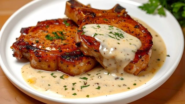 Vepřové kotlety na víně v krémové parmazánovo-hořčičné omáčce s bylinkami