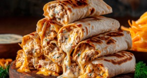Křupavé wrapy s kuřecím masem, jalapeños, mozzarellou a rančovou omáčkou Wrapy s kuřecím masem, jalapeños, mozzarellou a rančovou omáčkou z horkovzdušné fritézy