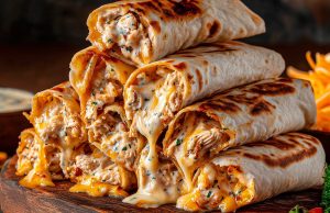 Křupavé wrapy s kuřecím masem, jalapeños, mozzarellou a rančovou omáčkou Wrapy s kuřecím masem, jalapeños, mozzarellou a rančovou omáčkou z horkovzdušné fritézy