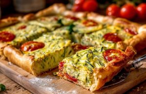 Slaný koláč z listového těsta s cuketou, rajčaty a smetanovým sýrem Slaný koláč z listového těsta s cuketou, rajčaty a smetanovým sýrem