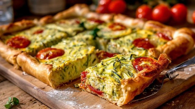 Slaný koláč z listového těsta s cuketou, rajčaty a smetanovým sýrem