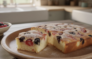 Kefírová buchta s borůvkami a malinami – rychlá, vláčná a svěží