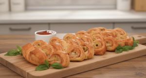 Dvojité šneky z listového těsta se šunkou, olivami a sýrem