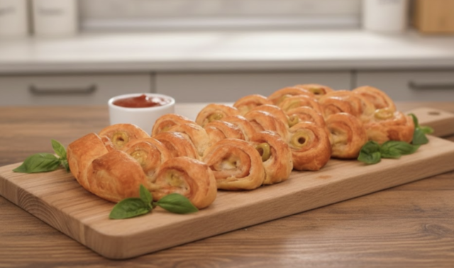 Dvojité šneky z listového těsta se šunkou, olivami a sýrem Dvojité šneky z listového těsta se šunkou, olivami a sýrem