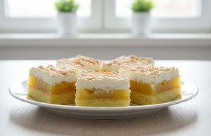 Jablečné řezy s tvarohovou šlehačkou: Vláčný a osvěžující dezert z jednoho plechu Jablečné řezy s pudinkem a tvarohovou šlehačkou – jemný dezert na plech