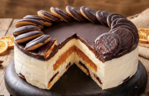 Nepečený tvarohový dort se sušenkami, džemem a čokoládou