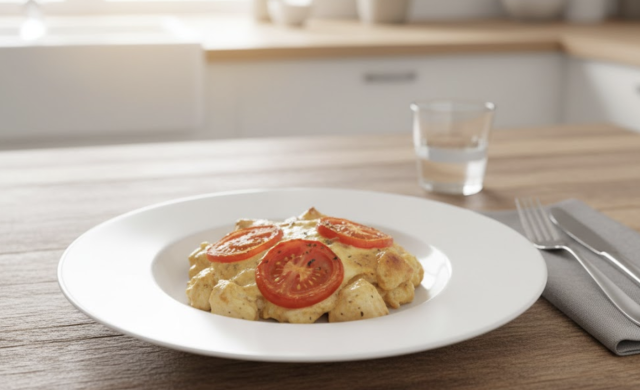 Zapečená kuřecí prsa se smetanou a rajčaty – rychlý rodinný oběd z jednoho pekáče