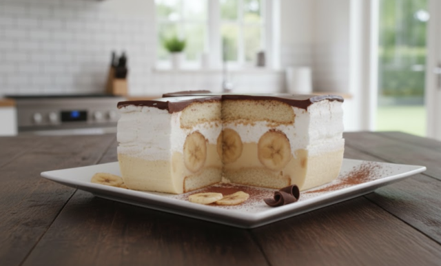 Krémový nepečený dort s banány, šlehačkou a čokoládou