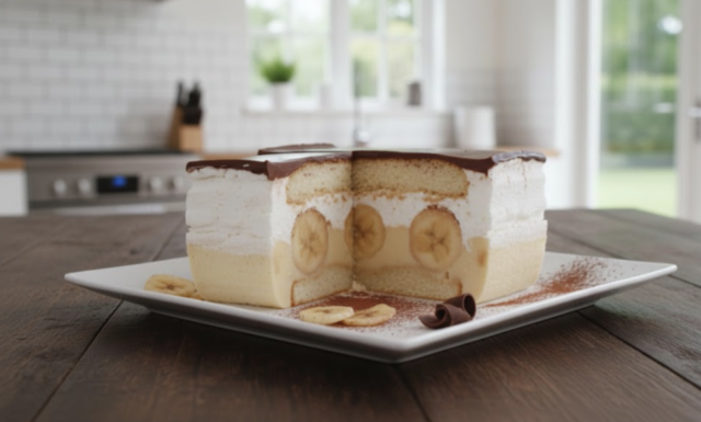 Krémový nepečený dort s banány, šlehačkou a čokoládou