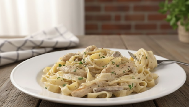Krémové těstoviny s houbami a kuřecím masem - Rychlý oběd do 30 minut