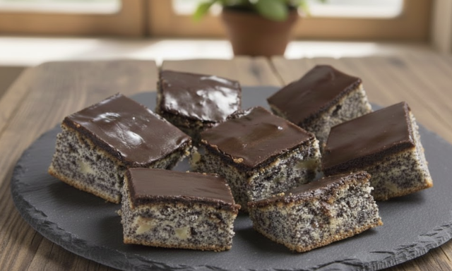 Jablečno-makový zákusek se zakysanou smetanou a čokoládovou polevou