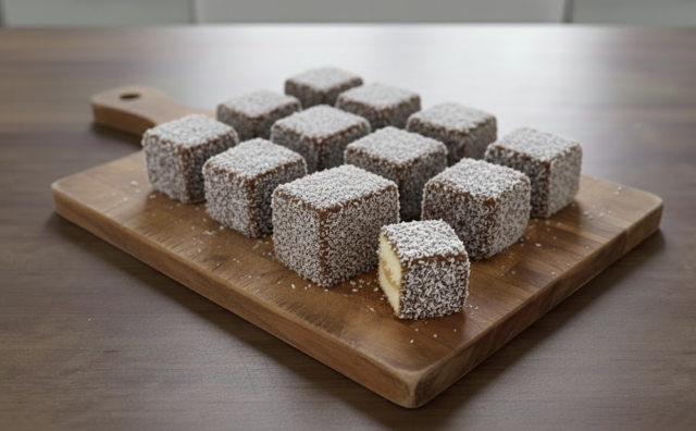 Kokosové kostky máčené v kakaovém přelivu: Vláčný moučník ke kávě