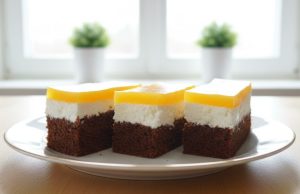 Šuměnkový zákusek: Legendární osvěžení s tvarohem a ovocnou želatinou Řezy se šuměnkovou želatinou a tvarohovým krémem – barevný dezert na plech