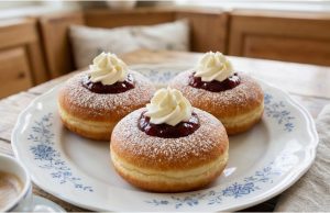 Domácí bavorské vdolky: Nadýchané jako obláček s tvarohovým krémem Bavorské vdolky s tvarohovým krémem a jahodovým džemem – poctivá klasika