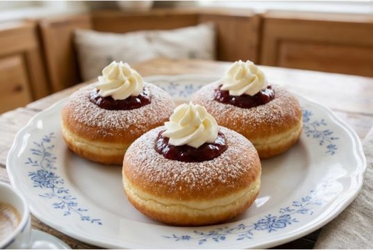 Domácí bavorské vdolky: Nadýchané jako obláček s tvarohovým krémem Bavorské vdolky s tvarohovým krémem a jahodovým džemem – poctivá klasika