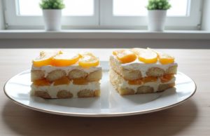 Nepečené piškotové řezy s broskvemi: Osvěžující dezert bez zapínání trouby Nepečené piškotové řezy se zakysanou smetanou a broskvemi – ideální letní dezert