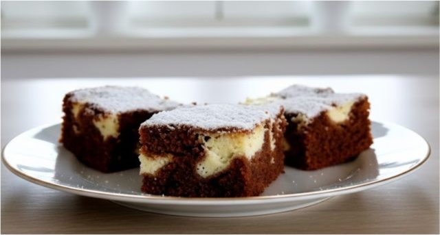 Domácí tvarohové řezy s kakaovým těstem sypané moučkovým cukrem na bílém talíři.