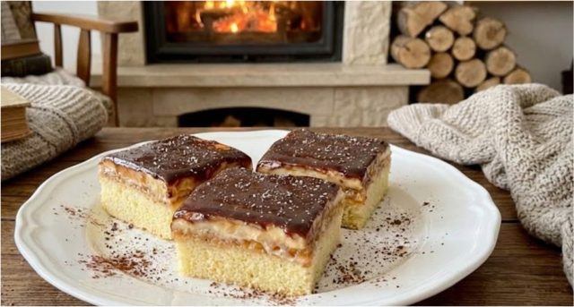 Vrstvený jablkový koláč s vanilkovým krémem a čokoládovou polevou