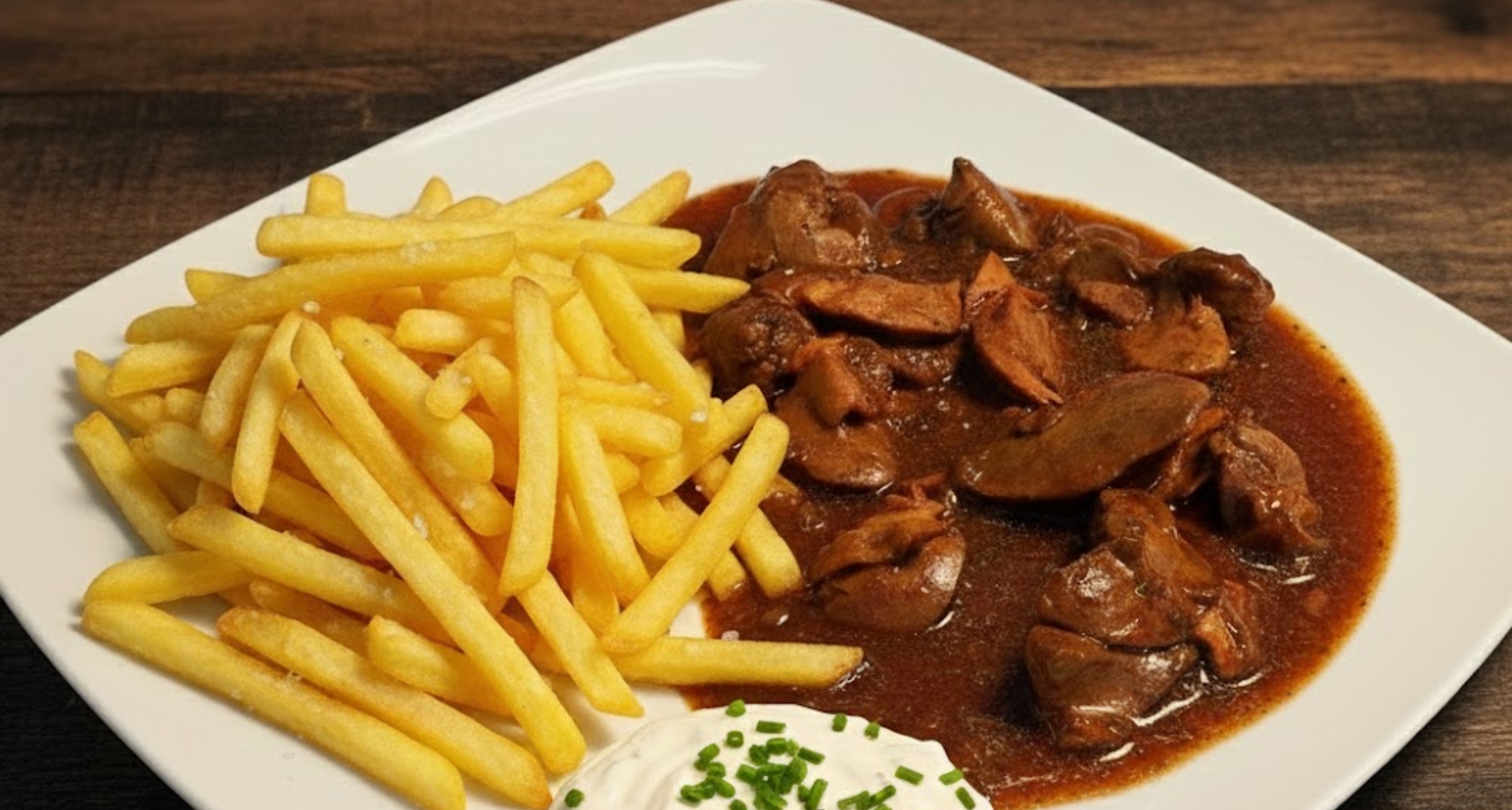 Poctivá kuřecí játra na slanině s cibulkou, tmavou omáčkou a křupavými hranolkami. Rychlý recept na oběd nebo večeři, který chutná jako z restaurace.