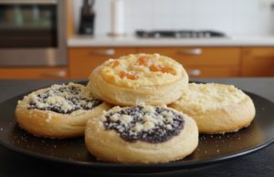 ALT text: „Domácí kynuté koláče s tvarohem, borůvkami a meruňkami sypané zlatavou drobenkou na černém talíři