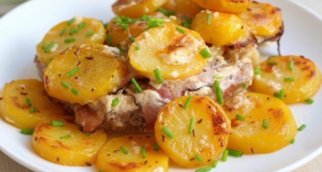 Skrytá krkovice pečená pod bramborami se smetanou – jednoduchý oběd z jednoho pekáče Skrytá krkovice pečená pod bramborami se smetanou – jednoduchý oběd z jednoho pekáče