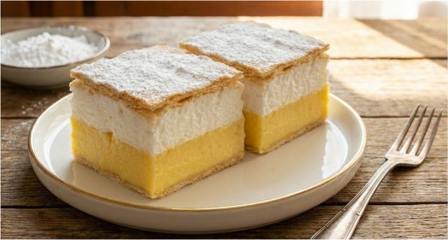 Francouzský krémeš z listového těsta s vysokou vrstvou krému Francouzský krémeš z listového těsta s vysokou vrstvou krému