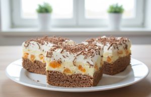 Skvělé mandarinkové řezy: Ořechový korpus a osvěžující krém Mandarinkové řezy s tvarohem a ořechovým korpusem – svěží dezert, který mizí z plechu