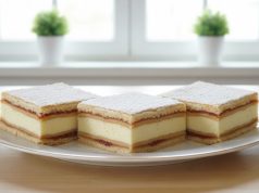 Mimóza řezy – slavnostní moučník s křehkými pláty, krémem a třešňovým džemem