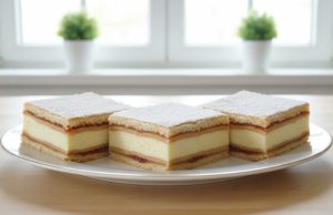 Luxusní Mimóza řezy Mimóza řezy – slavnostní moučník s křehkými pláty, krémem a třešňovým džemem