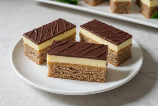 Nanukové řezy: Retro klenot s ořechy a kávovým nádechem Nanukové řezy s ořechovým korpusem a vanilkovým krémem – retro klasika ke kávě