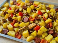 Živáňská na plechu: Poctivý masový pekáč, který voní dálkou Poctivá živáňská z jednoho plechu – maso, brambory a klobása pečené pod alobalem