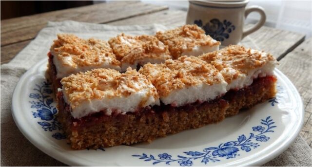 Pěnový ořech – vláčný ořechový koláč se sněhem a džemem