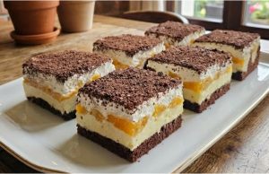 Propadávaná buchta s pudinkem, broskvemi a šlehačkou