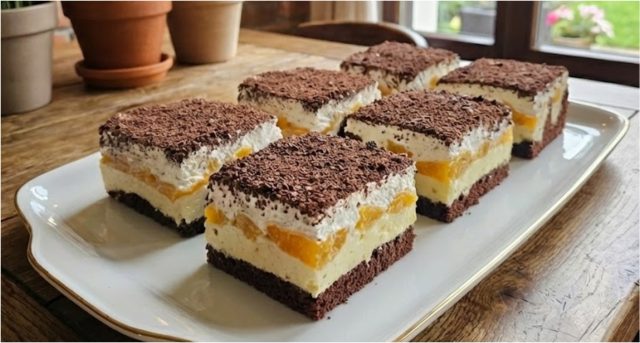 Propadávaná buchta s pudinkem, broskvemi a šlehačkou