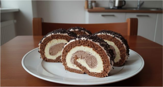 Dvoubarevná roláda s vařeným krémem a čokoládou