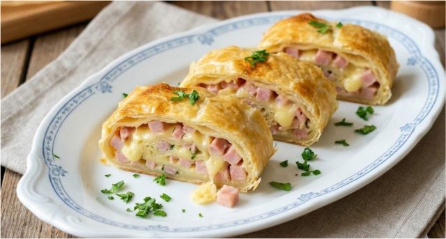 Slaný štrudl z listového těsta se salámem, sýrem a bramborami – rychlé pohoštění k pivu