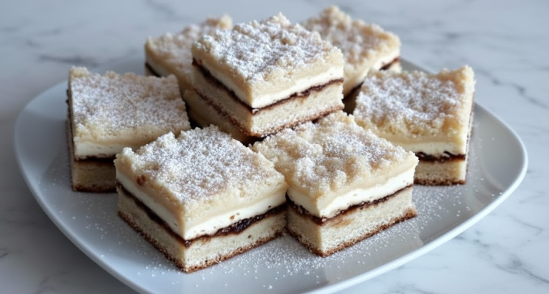 Svatební koláčky na plech: nadýchaný kynutý řez s povidly, tvarohem a drobenkou