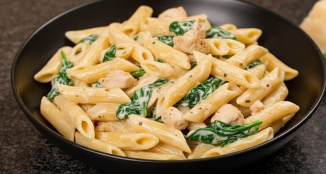 Fit krémové těstoviny s kuřecím masem, špenátem a parmazánem Fit krémové těstoviny s kuřecím masem, špenátem a parmazánem