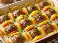 Zapečené brambory s masovými kuličkami, mrkví a bešamelem