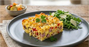 Zapékané těstoviny se zeleninou, slaninou a vajíčkovou zálivkou