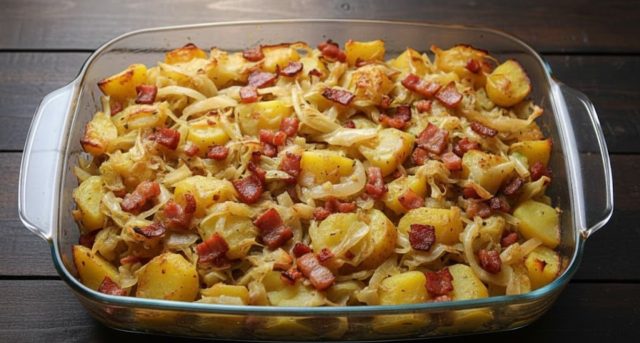 Zapečené zelí s bramborami a uzeninou: poctivý recept z jednoho pekáče