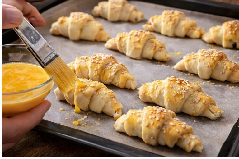 Potírání rohlíčků vajíčkem a sypání sezamem