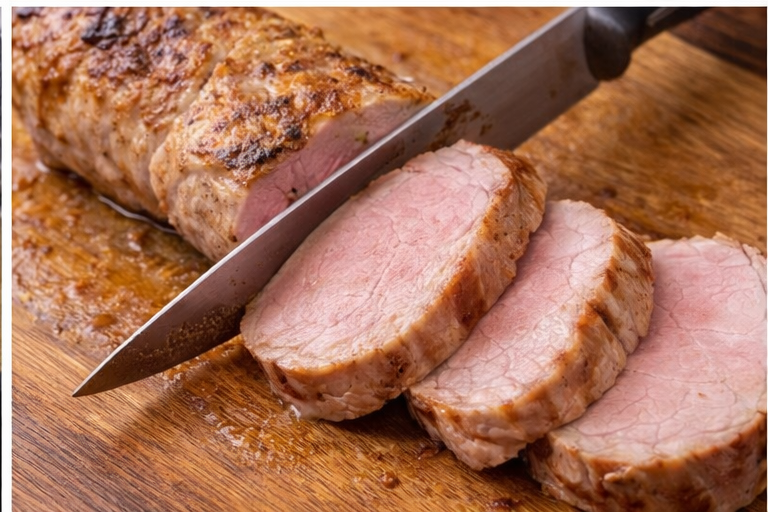 Krájení vepřové panenky na šťavnaté plátky