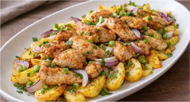 Kuřecí maso zapečené s bramborami a smetanou – rychlý oběd z jednoho pekáče