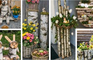 Při čištění zahrady sesbírali březové dřevo, které následně proměnili v jarní dekorace