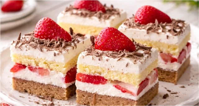 Jahodové řezy s mascarpone a bílou čokoládou: Luxusní moučník na plech Jahodové řezy s mascarpone a bílou čokoládou: Luxusní moučník na plech