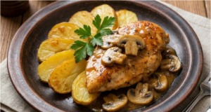 Máslová kuřecí prsa na žampionech a víně Kuřecí prsa na bílém víně a másle – jemná omáčka jako z restaurace