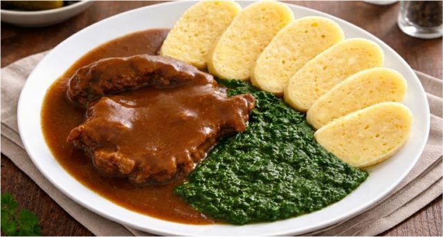 Vepřová krkovice na cibulce s bramborovým knedlíkem a špenátem – poctivý český oběd